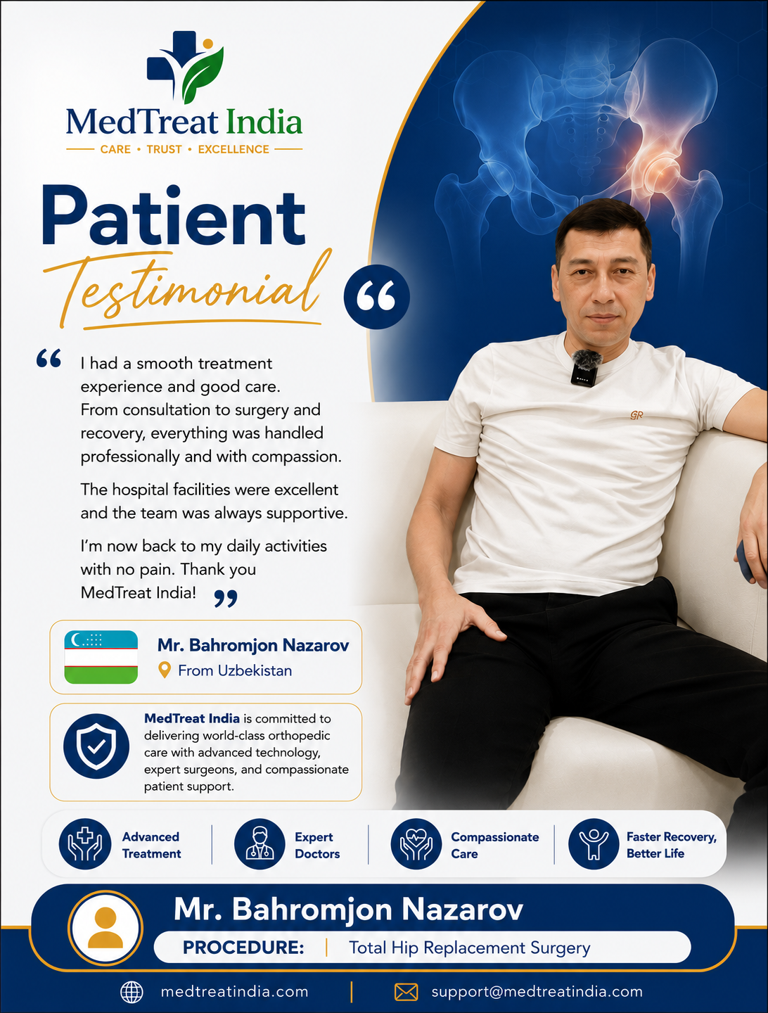 Written testimonial from Mr. Bahromjon Nazarov from Uzbekistan for total hip replacement surgery
