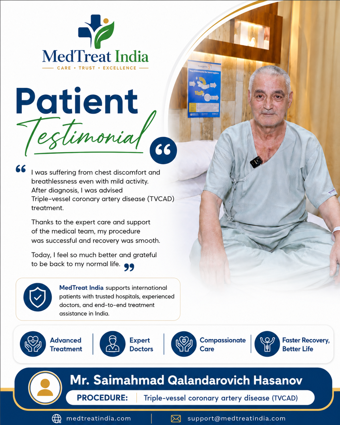 Written testimonial from Mr. Saimahmad Qalandarovich Hasanov for triple-vessel coronary artery disease treatment
