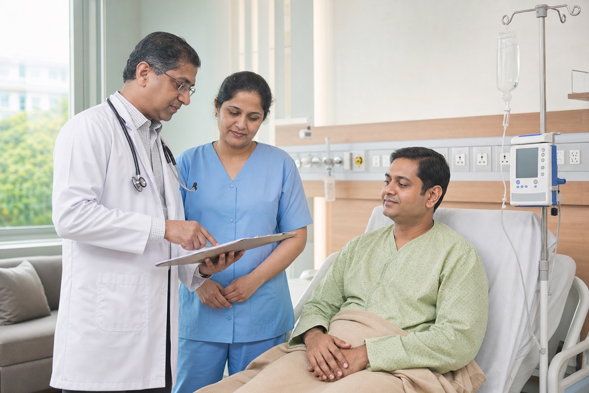 Indian hematology team reviewing a care plan with a transplant patient
