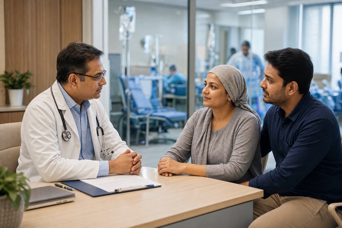 Indian oncology doctor consulting with a patient and her family member