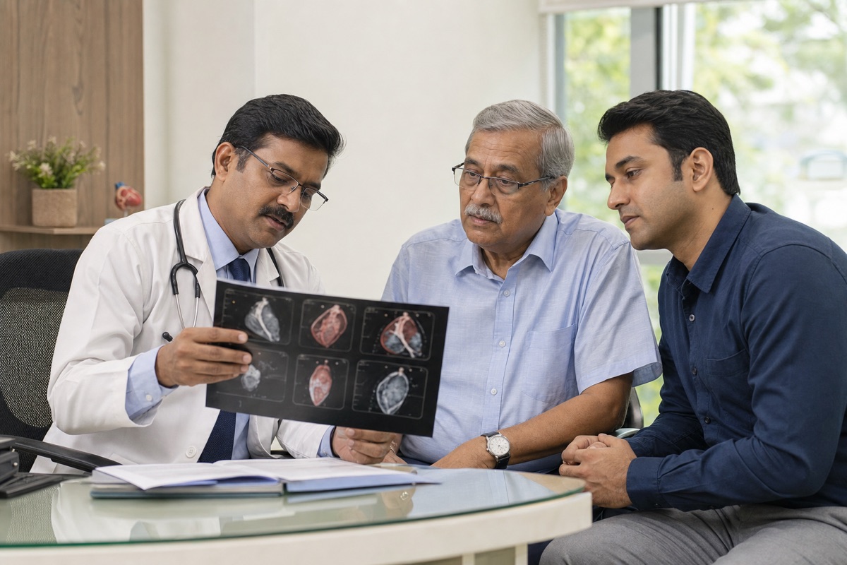 Indian cardiologist reviewing a heart scan with a patient and family member