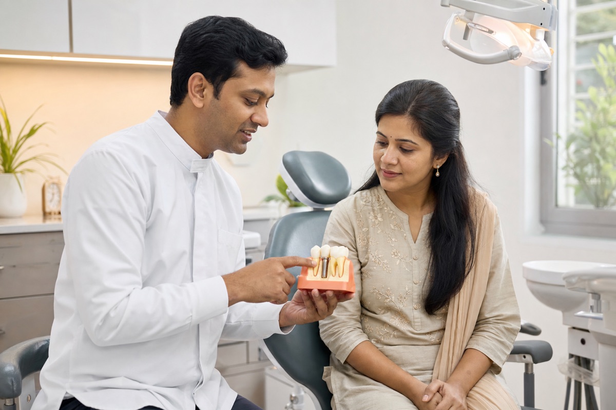 Indian dentist explaining a dental implant model to a patient