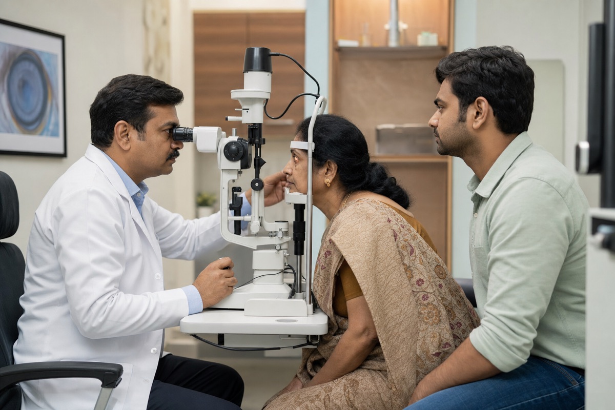 Indian ophthalmologist performing an eye examination for a patient