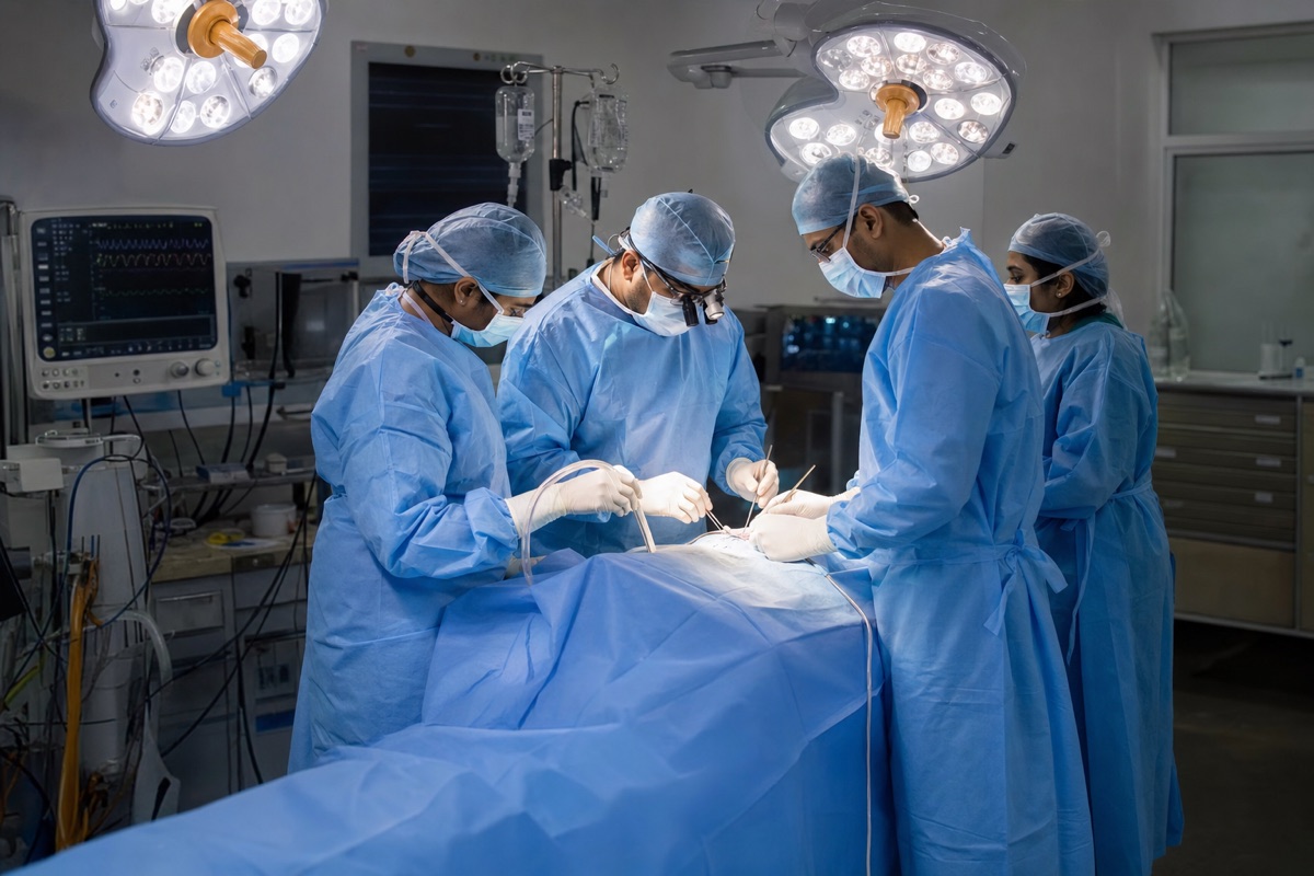 Indian cardiac surgery team working in a modern operating theatre