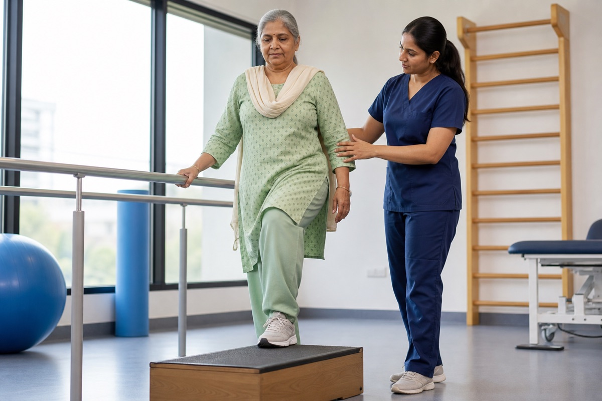 Indian patient practicing a supported rehabilitation step after hip replacement