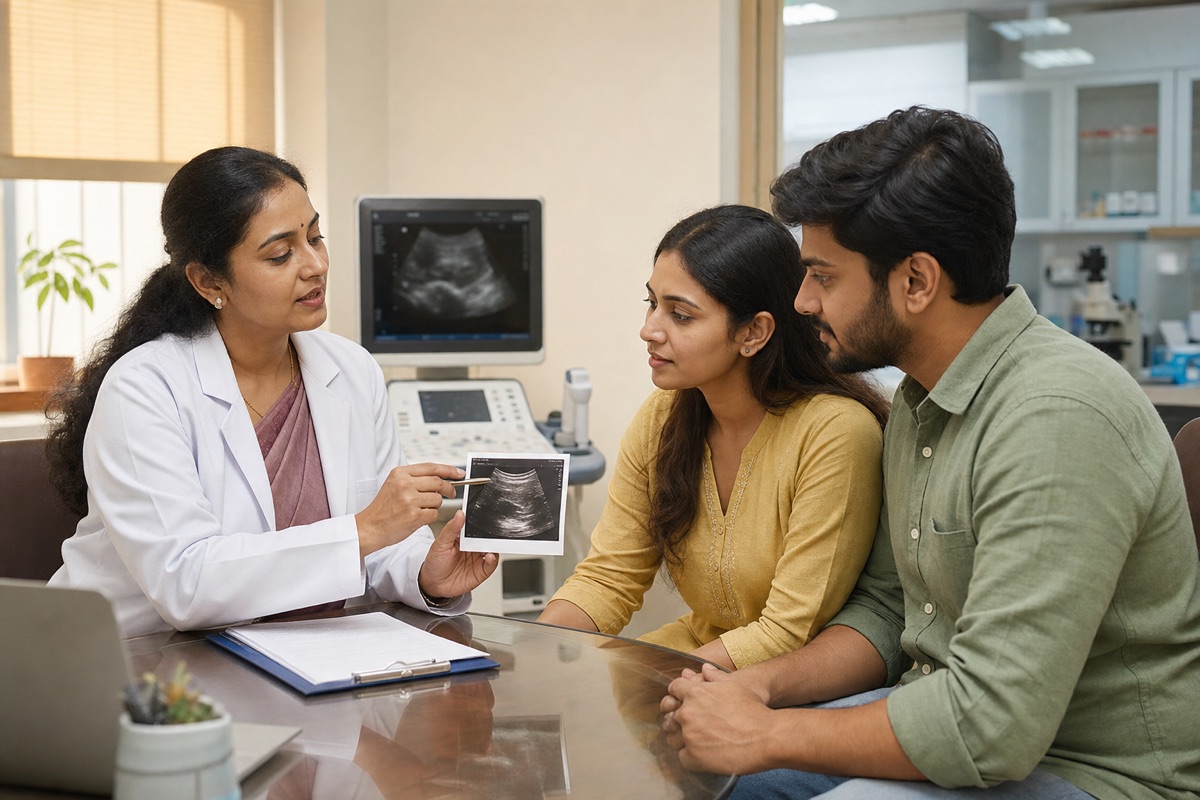 Indian fertility specialist explaining an ultrasound image to a couple