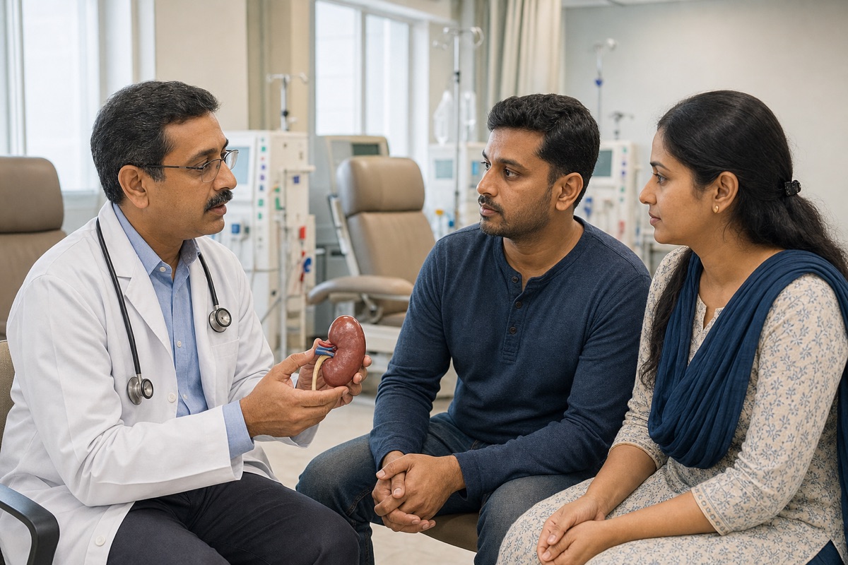 Indian nephrologist discussing kidney transplant care with a patient and family member