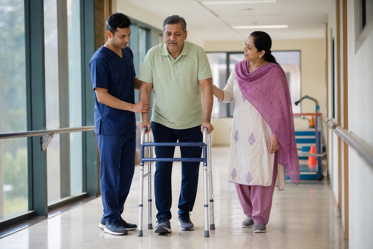 Indian patient walking with a physiotherapist after knee replacement