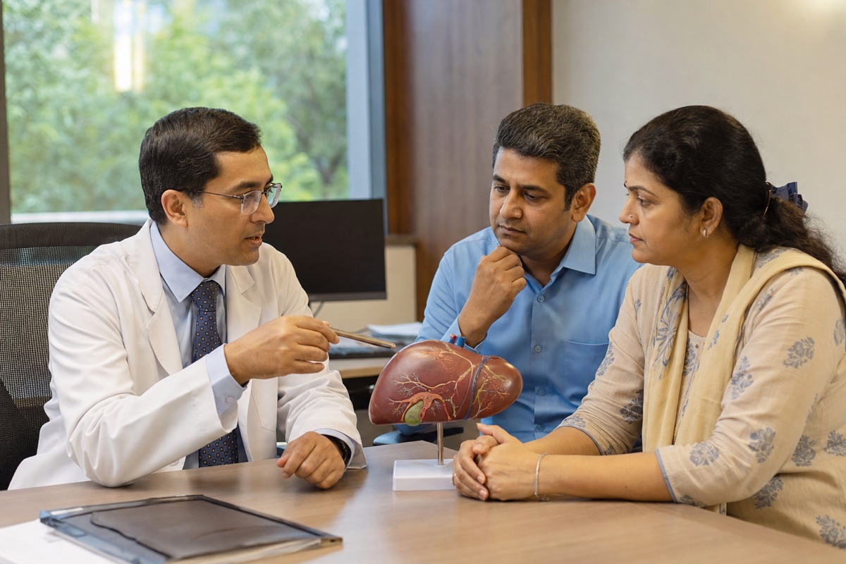 Indian transplant specialist explaining a liver model to a patient and family member