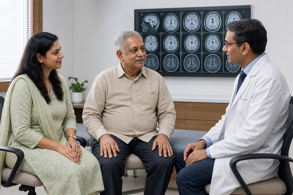 Indian neurologist consulting with a patient and family member in front of brain scans