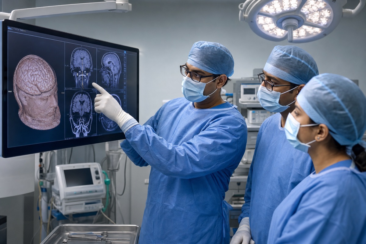Indian neurosurgery team reviewing brain scans before a procedure