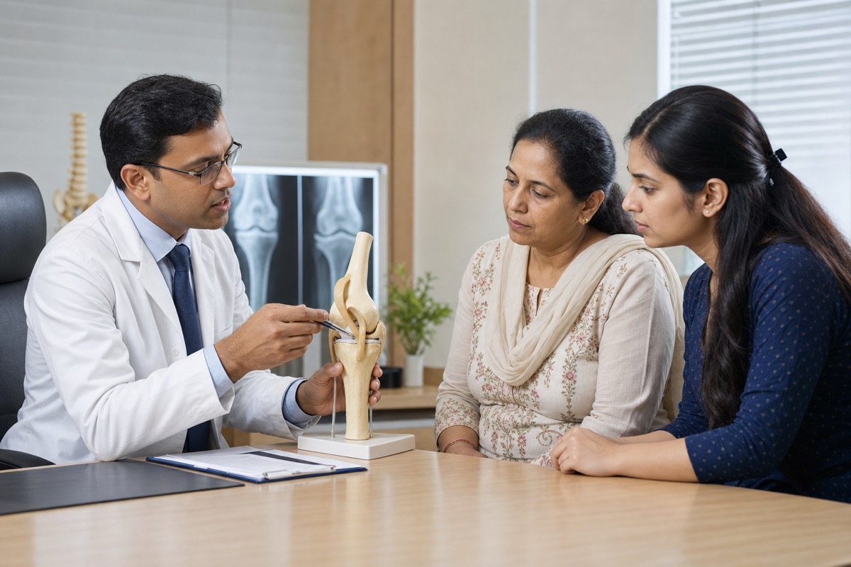 Indian orthopedic specialist explaining a knee model to a patient and her daughter