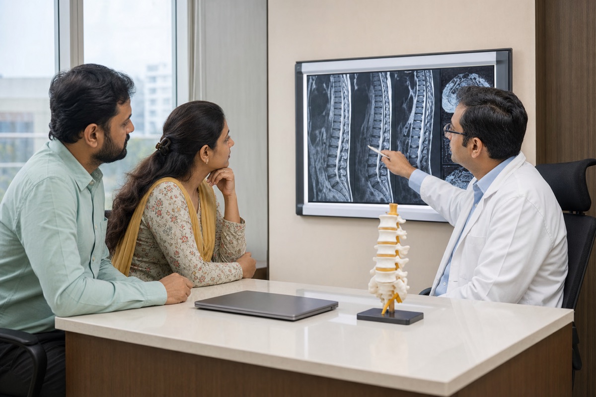 Indian spine specialist reviewing an MRI with a patient and family member