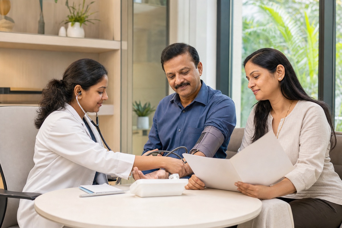 Indian physician conducting a preventive health check for a couple